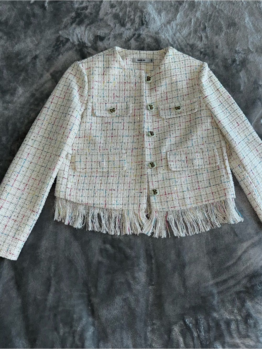 Textured Ivory Tweed Fringe Jacket - Women's Blazer